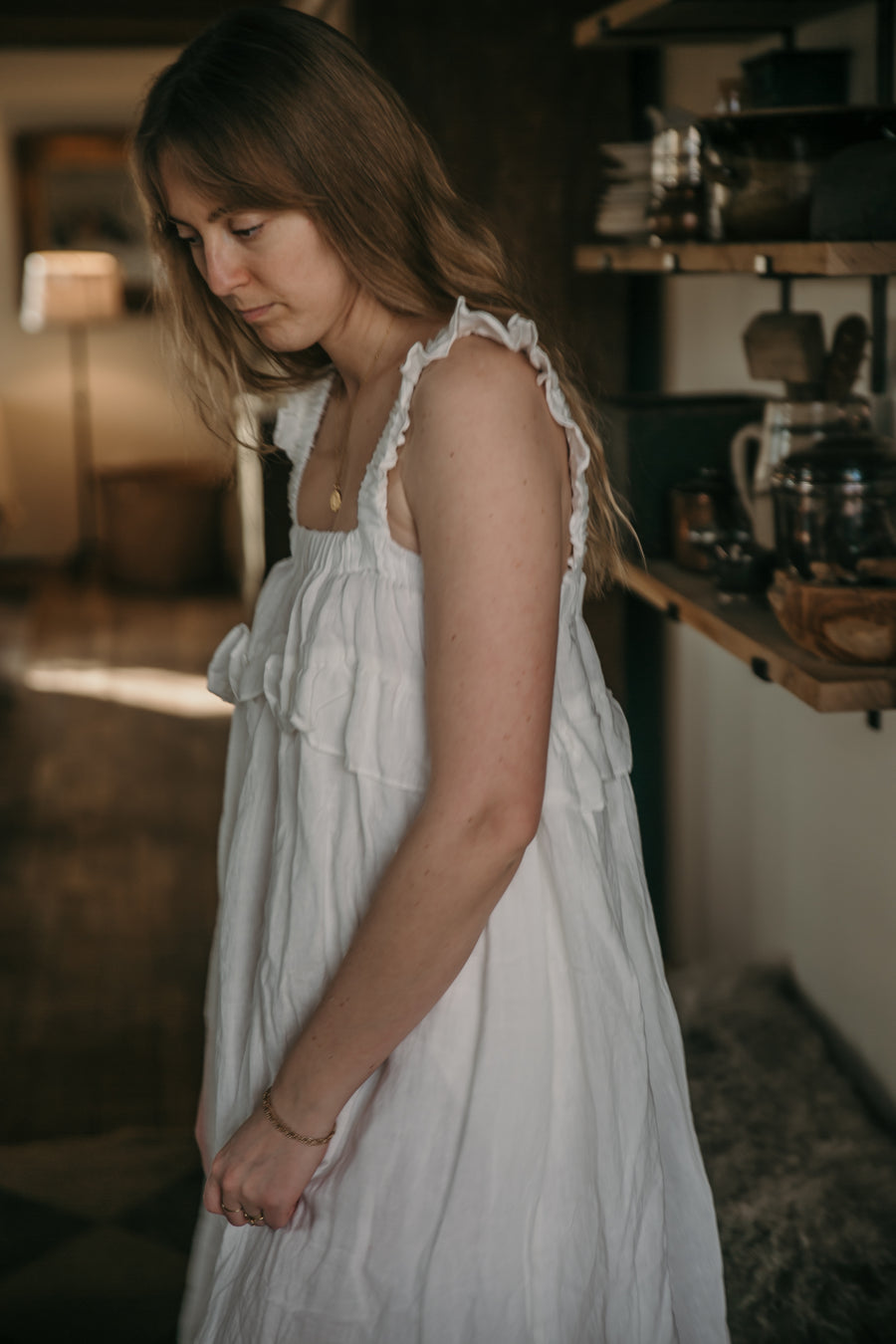 cotton and linen ruffled chest strap dress Ruffle Strap A-Line Dress in Blue