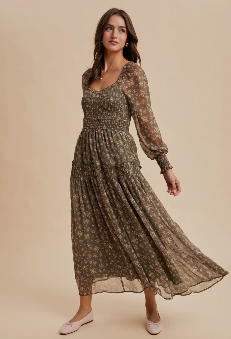 Olive Smocked Maxi Dress
